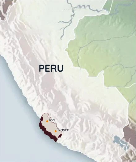 Mapa turístico de Ica y Nasca con las principales rutas y atractivos para explorar en cada destino.