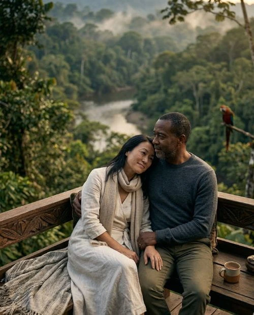 Amazonía peruana de lujo lodge exclusivo en la selva Pareja en lodge de lujo en la Amazonía peruana rodeada de naturaleza y confort