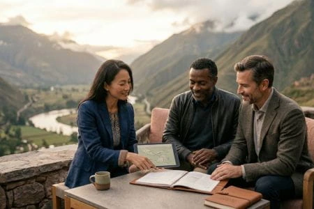 Diseño de viajes a medida en Perú Asesor de viajes presentando un itinerario personalizado de lujo en Perú