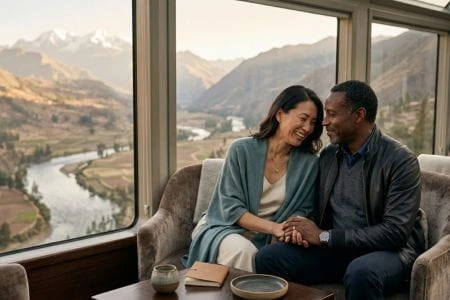 Experiencia de viaje de lujo sin preocupaciones en Perú Pareja disfrutando un momento de tranquilidad en un viaje de lujo en los Andes
