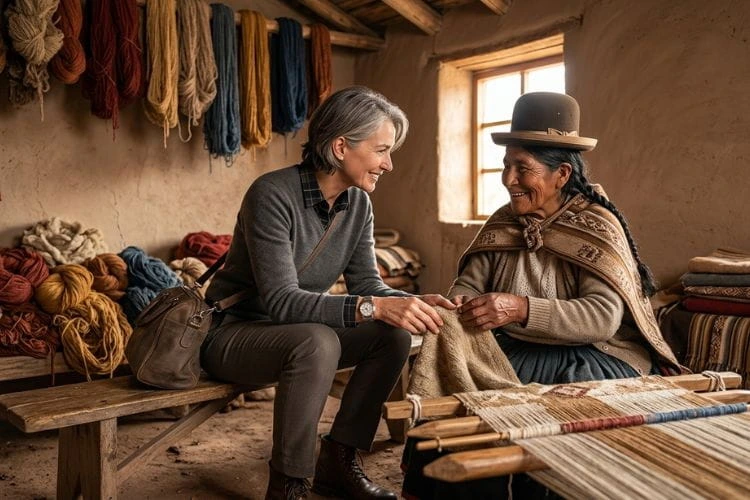 Experiencias culturales en Perú viajes auténticos Viajera interactuando con artesana local en experiencia cultural en Perú