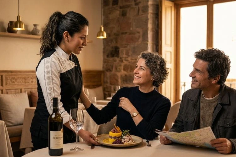 Experiencias gastronómicas en Perú cocina de lujo Chef peruano sirviendo plato gourmet en experiencia gastronómica de lujo