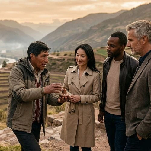 Guía experto en Perú ofreciendo experiencia cultural personalizada Guía local explicando cultura peruana a viajeros en el Valle Sagrado