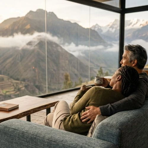 Experiencia de lujo auténtico en los Andes peruanos Pareja disfrutando de un lodge de lujo en los Andes con vista panorámica