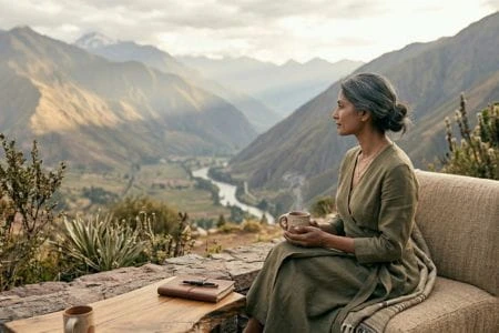 lLujo auténtico en Perú experiencia exclusiva en los Andes Mujer disfrutando un lodge de lujo en los Andes en un entorno natural y exclusivo