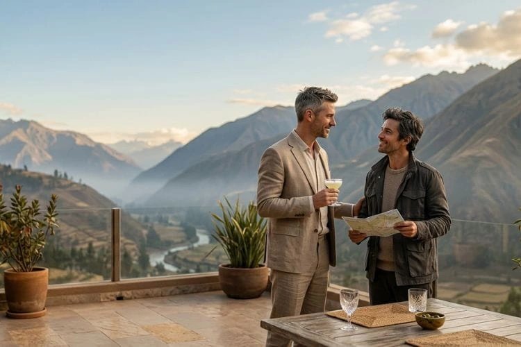 Luna de miel en Perú experiencias de lujo para parejas Pareja disfrutando luna de miel de lujo en Perú con vista a los Andes