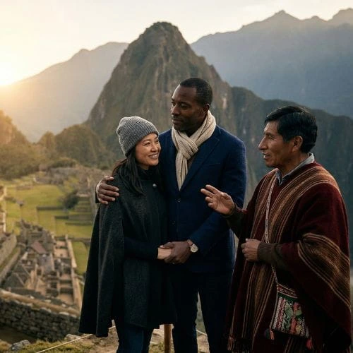 Experiencia privada en Machu Picchu sin multitudes Pareja disfrutando una visita privada a Machu Picchu con guía exclusivo