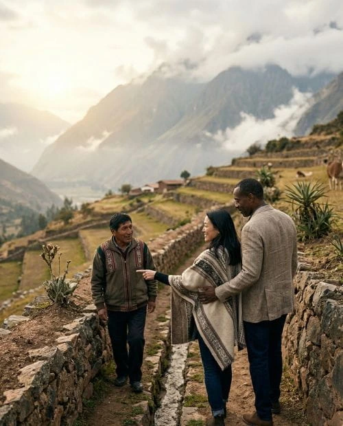 Valle Sagrado exclusivo experiencia cultural en Perú Pareja explorando el Valle Sagrado con guía privado en entorno andino auténtico