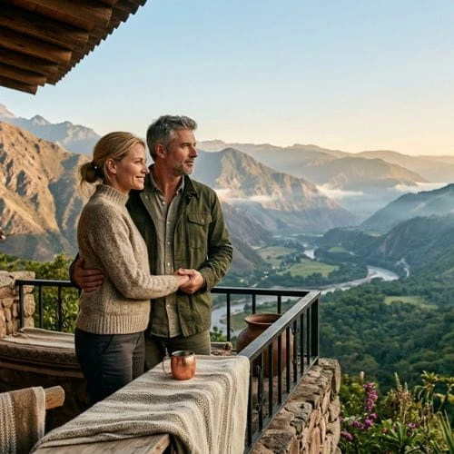 Viaje de lujo en Perú Andes y Amazonía experiencia privada Pareja disfrutando un viaje de lujo en Perú entre el Valle Sagrado y la Amazonía