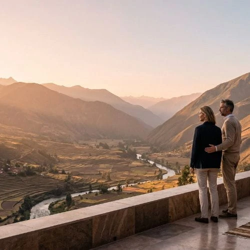 Viaje de lujo en Perú Lima Valle Sagrado y Machu Picchu Pareja disfrutando el Valle Sagrado en viaje de lujo en Perú