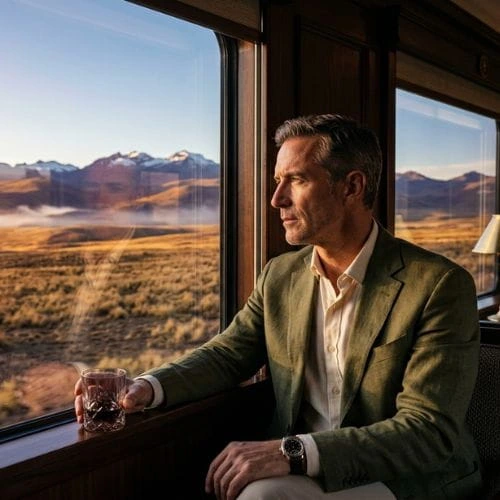 Viaje de lujo en tren por Perú Andes y Lago Titicaca Viajero disfrutando un recorrido en tren de lujo por los Andes en Perú hacia el Lago Titicaca