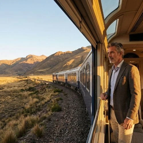 Viaje en tren de lujo en Perú Andes y Lago Titicaca Tren de lujo recorriendo los Andes en Perú con viajero disfrutando paisaje