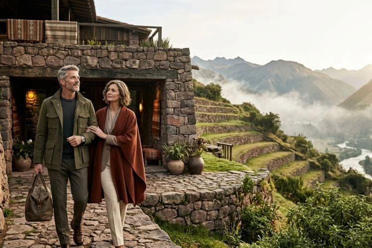 Viajes de lujo en Perú experiencias exclusivas a medida Pareja llegando a lodge de lujo en los Andes en viaje exclusivo en Perú