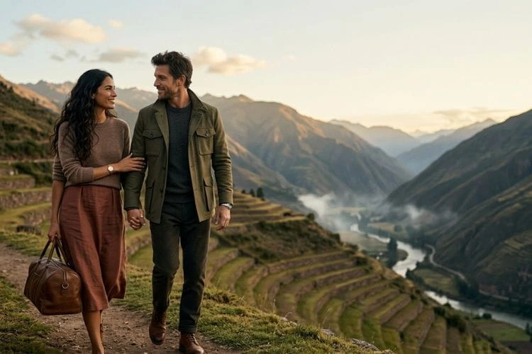 Viajes en pareja en Perú experiencias románticas exclusivas Pareja caminando en el Valle Sagrado en experiencia romántica en Perú