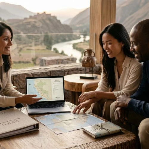 Viajes personalizados a Perú con asesor experto Asesor de viajes diseñando itinerario personalizado de lujo en Perú para una pareja