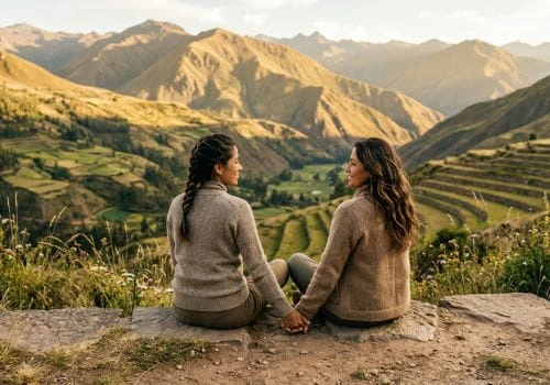 Pareja disfrutando paisaje en viaje privado en Perú sin multitudes