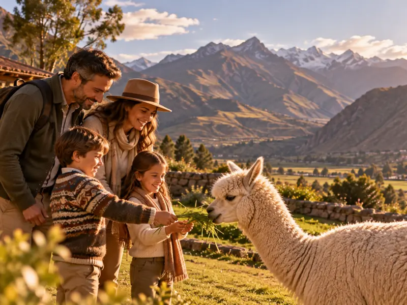 Viajes en familia por Perú Niños dando de comer a una alpaca junto a sus padres en un prado andino