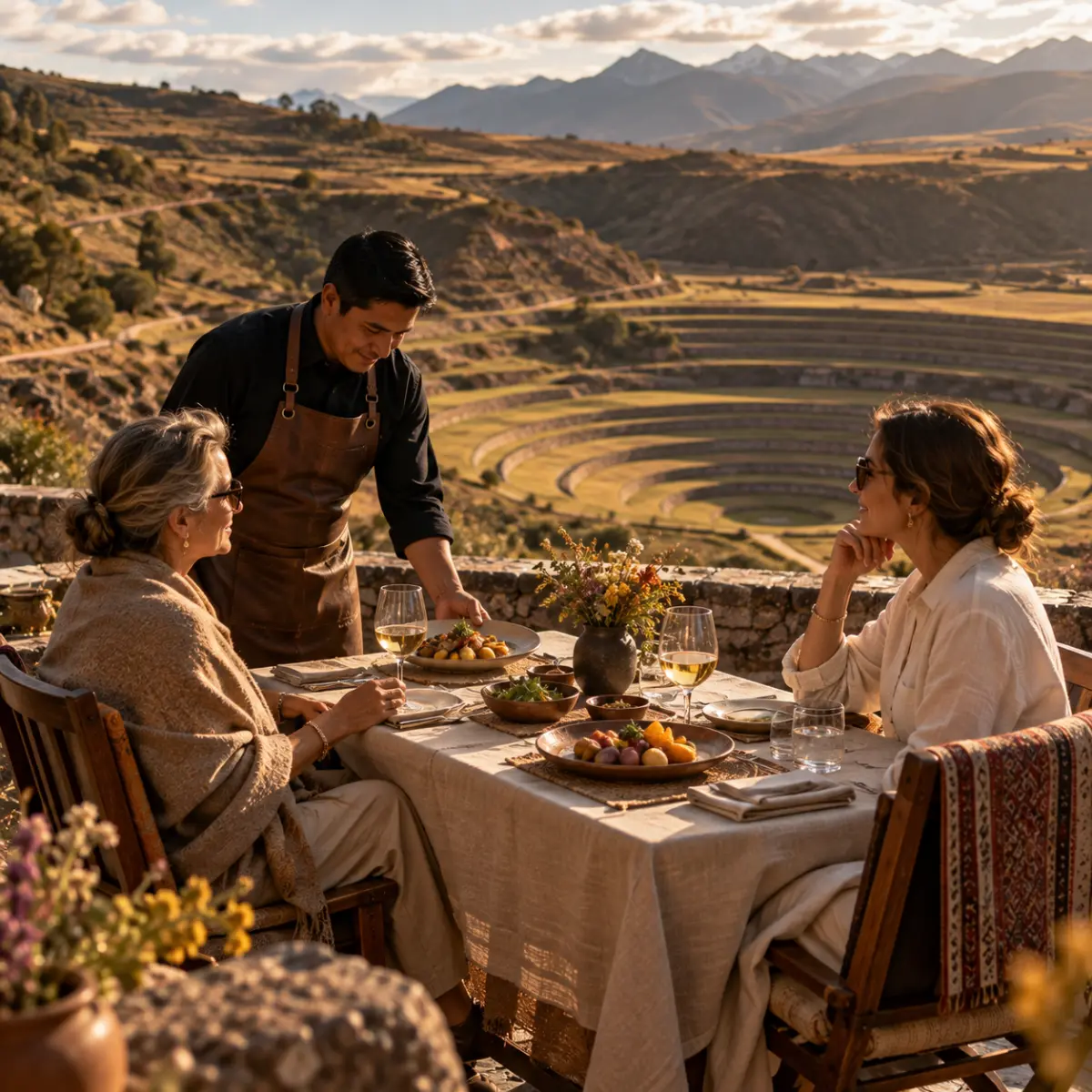 Alta cocina frente a los andenes de Moray, Valle Sagrado Almuerzo privado de alta cocina andina frente a los andenes circulares de Moray en el Valle Sagrado