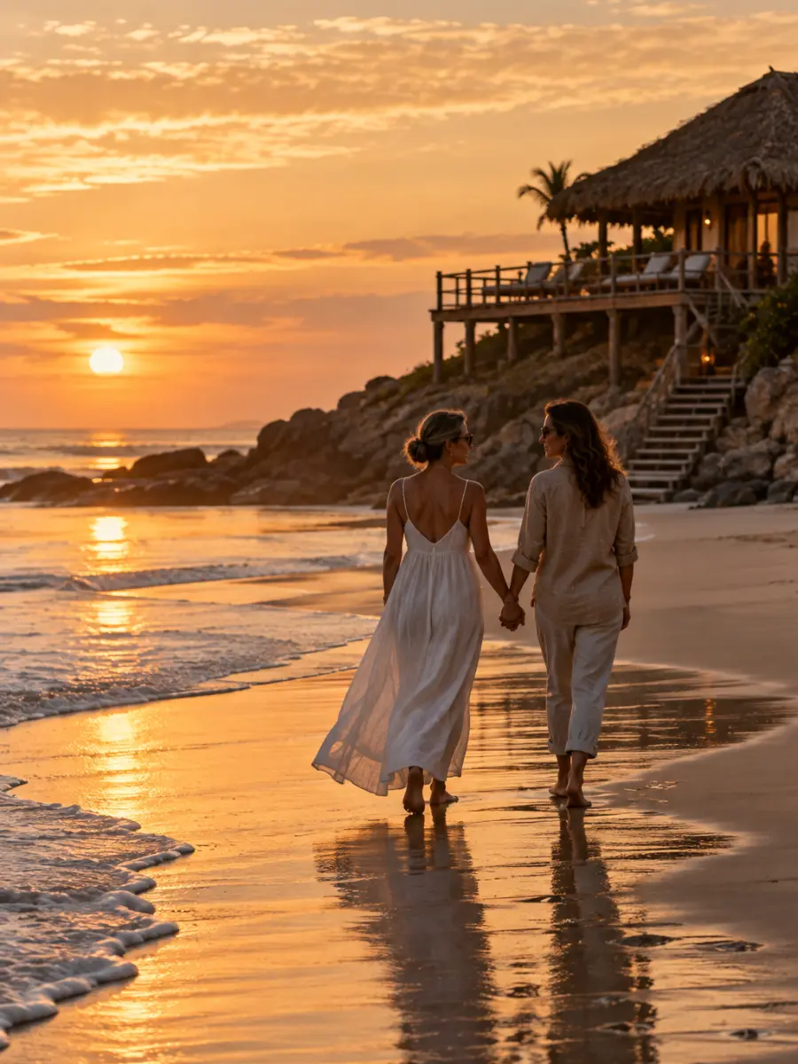 Andes y playas del norte: luna de miel en Perú con playa Pareja de mujeres caminando de la mano por una playa del norte de Perú frente a un bungalow de lujo al atardecer