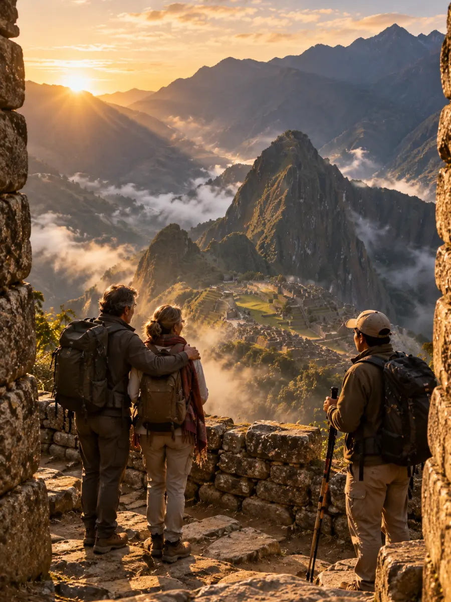 Camino Inca en privado: llegada a Machu Picchu por la Puerta del Sol Pareja de caminantes al amanecer en la Puerta del Sol mirando Machu Picchu al final del Camino Inca privado