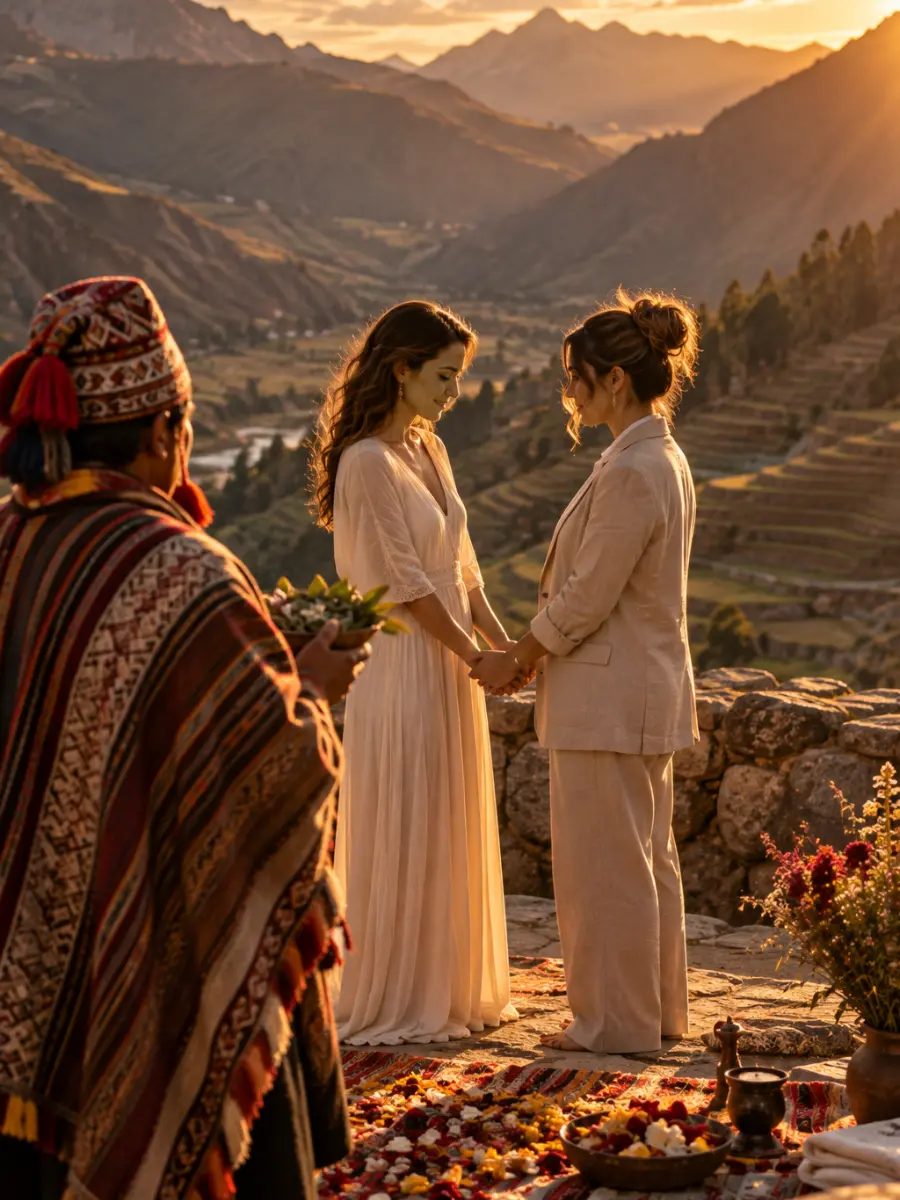 Ceremonia de votos andina en el Valle Sagrado Pareja de mujeres cogidas de las manos durante una ceremonia andina simbólica de unión en un mirador del Valle Sagrado