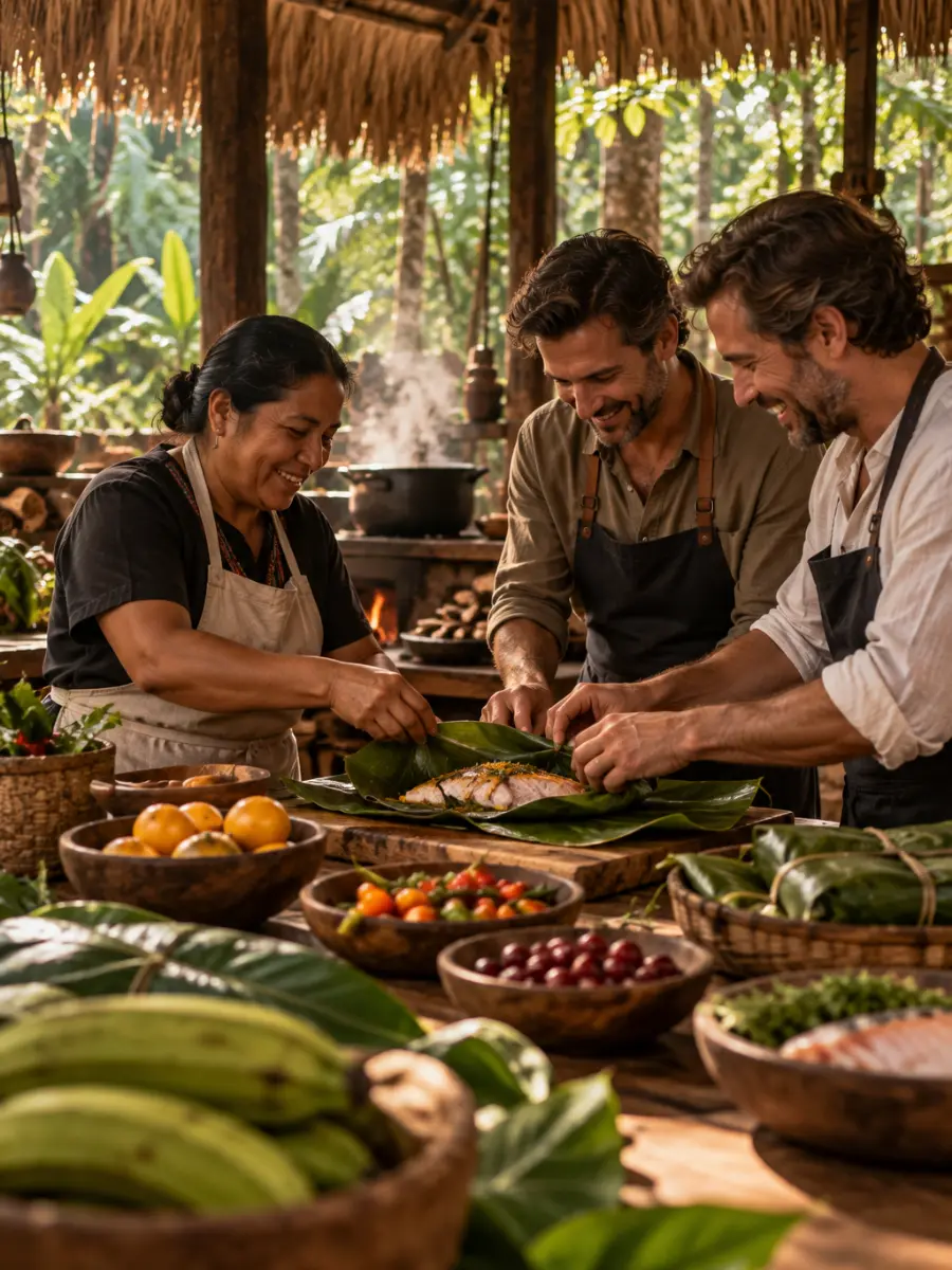 Cocina amazónica en Tambopata: clase privada en el lodge Cocinera amazónica enseña a una pareja de hombres a preparar paiche en hojas de bijao en la cocina de un lodge de Tambopata