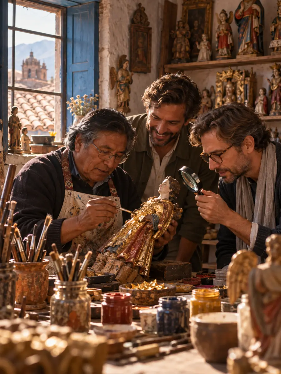 Cusco íntimo: taller de un imaginero en San Blas Artesano imaginero enseña a una pareja de hombres a dorar una figura de madera en su taller de San Blas, Cusco