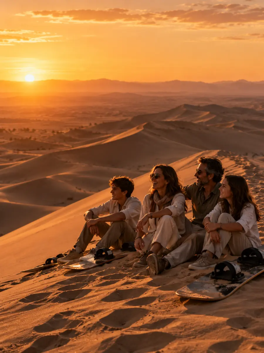 Desierto, océano y Andes: dunas de Ica en familia Una pareja de padres y sus dos hijos adolescentes con tablas de sandboard en una duna de Ica al atardecer