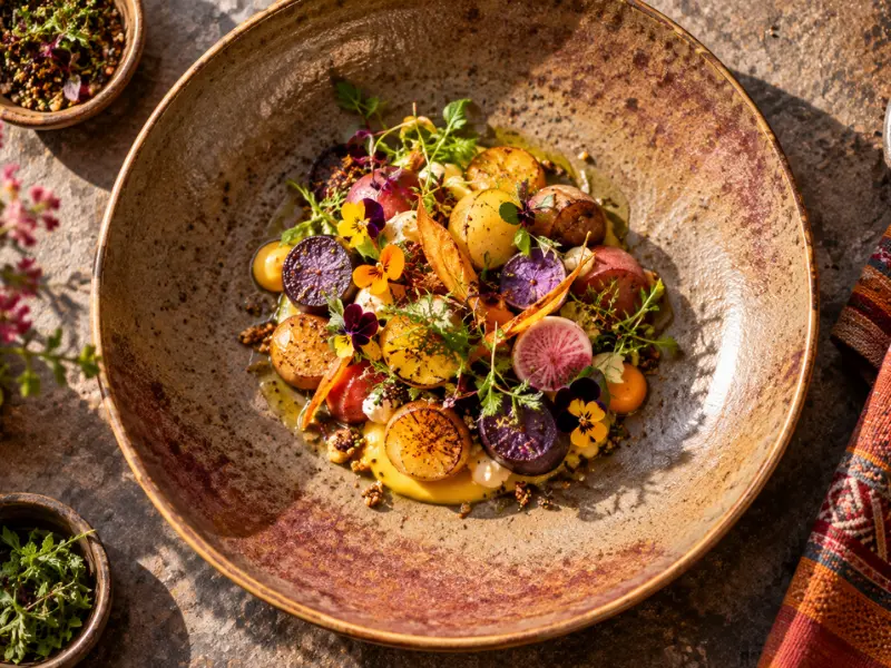 Viajes de alta gastronomía en Perú Plato de alta cocina peruana con papas nativas de colores y flores comestibles