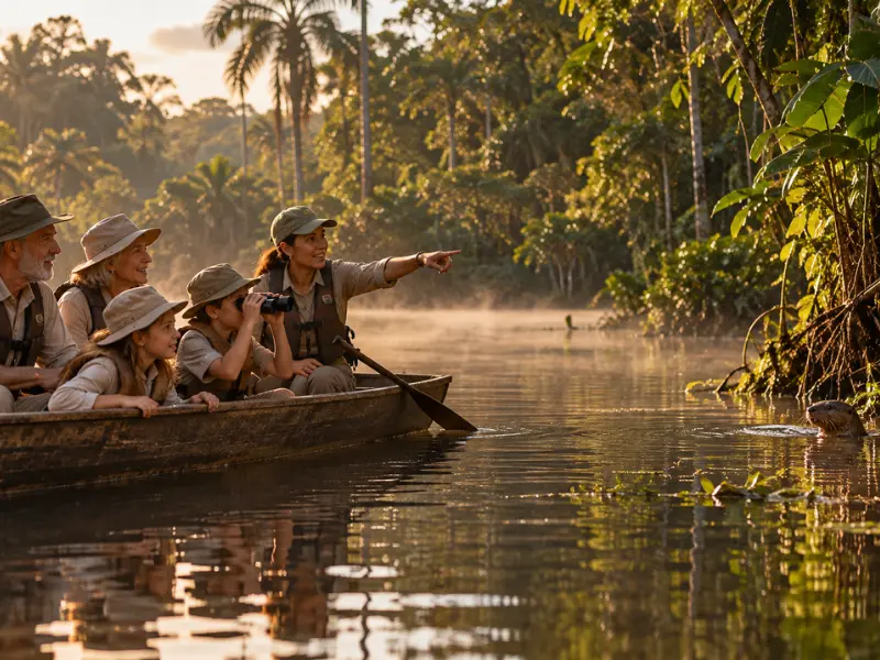 Lago Sandoval: canoa en familia para ver nutrias gigantes Abuelos y nietos en una canoa con su naturalista observan una nutria gigante en el lago Sandoval, Tambopata