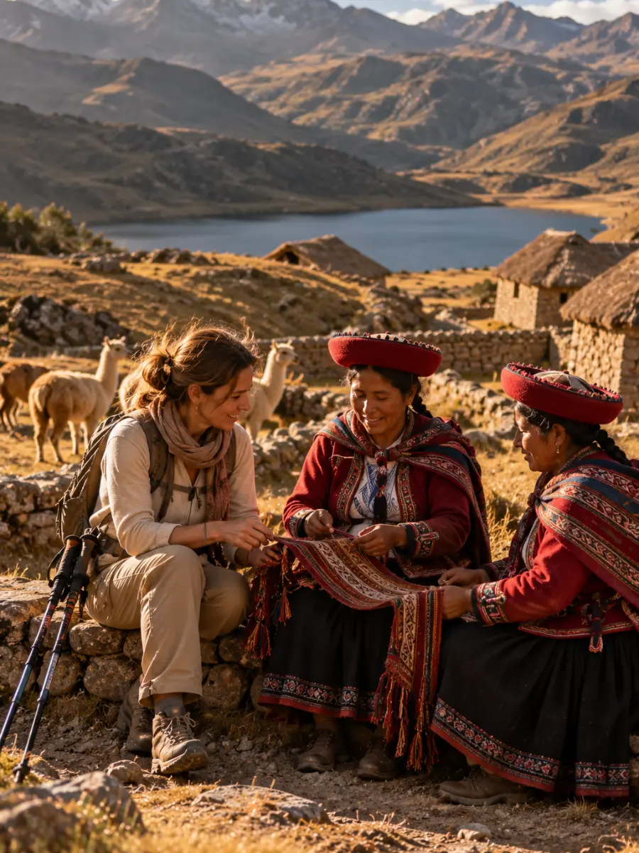 Lares: caminata entre comunidades tejedoras de los Andes Viajera con dos tejedoras quechuas y sus llamas durante la caminata privada por Lares