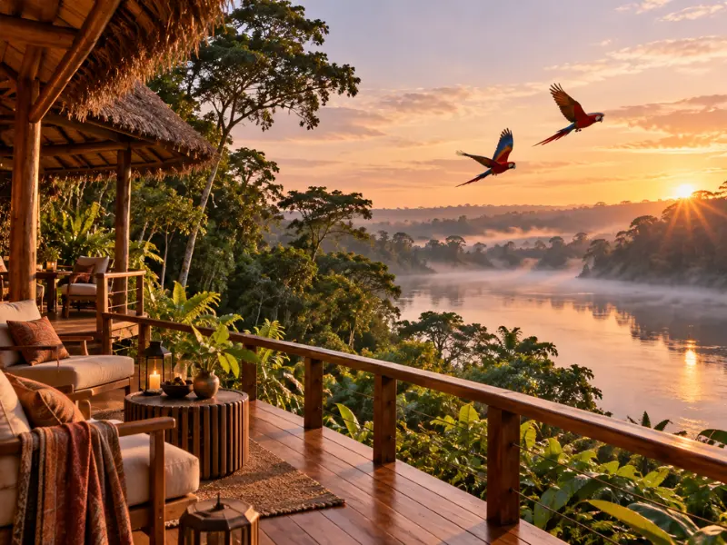 lViajes de naturaleza y Amazonía en Perú Terraza de un lodge de lujo sobre un río de la Amazonía peruana al amanecer