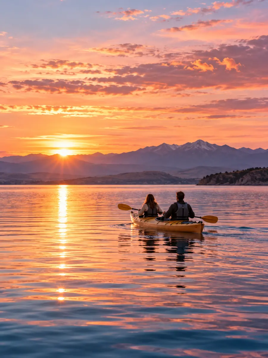 Luna de miel en Perú: Andes y Lago Titicaca Pareja en kayak sobre el Lago Titicaca al amanecer en su luna de miel