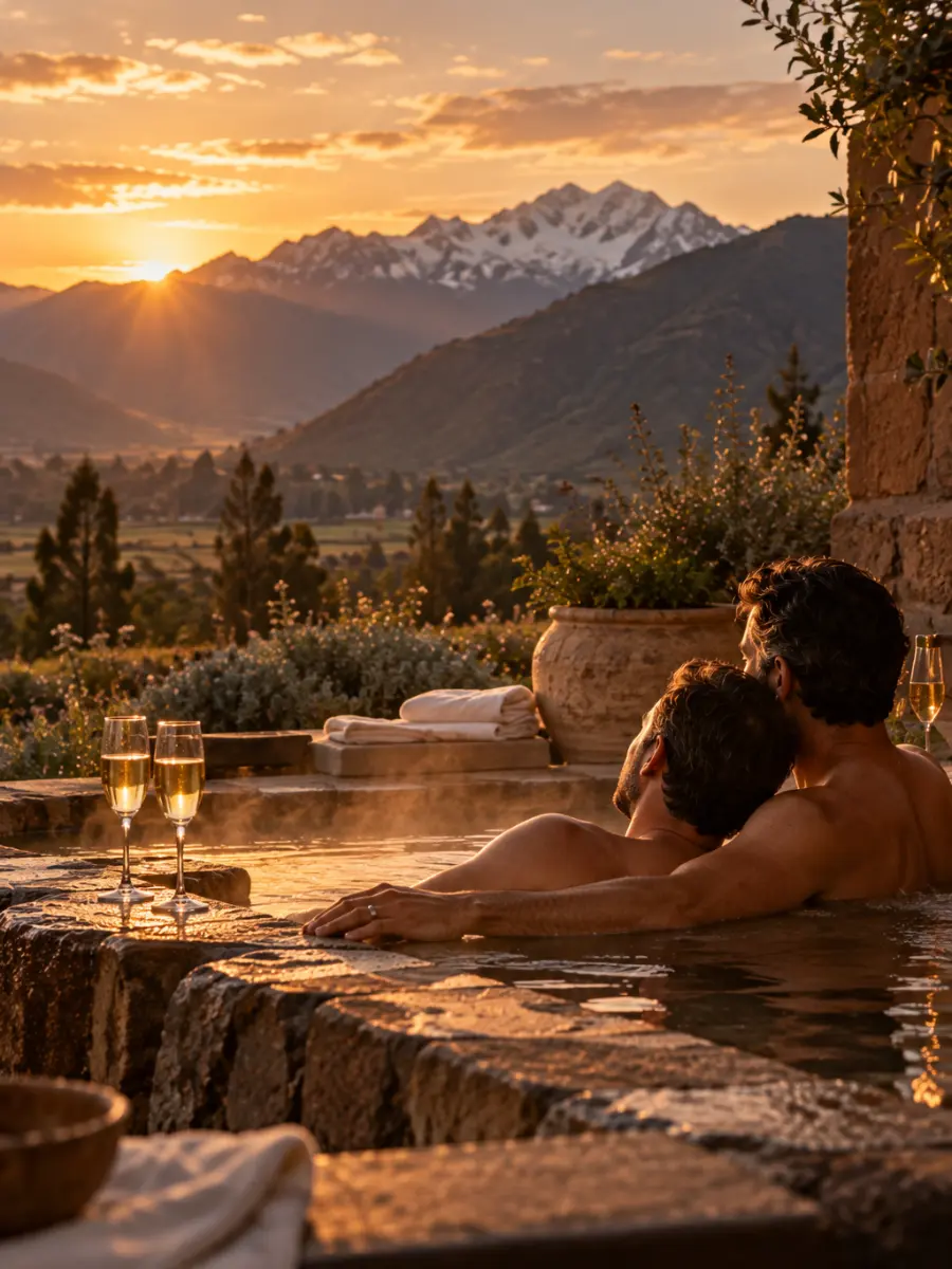 Luna de miel sin prisas en el Valle Sagrado Pareja de hombres recién casados en la piscina termal de un spa de lujo frente a las montañas del Valle Sagrado al atardecer