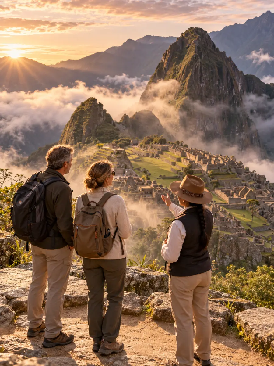 Lujo Andino: Machu Picchu en privado al amanecer Pareja de viajeros con su guía privada contemplando Machu Picchu al amanecer