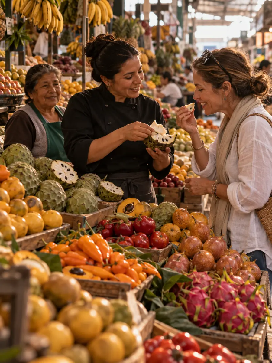 Sabores Ancestrales: mercado de Lima con una chef Chef peruana ofrece una chirimoya a una viajera en un puesto de frutas de un mercado tradicional de Lima