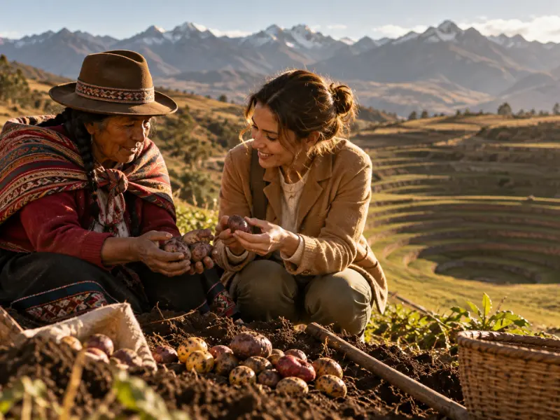 Moray: papas nativas con una agricultora andina Agricultora andina enseña a una viajera papas nativas de colores recién cosechadas en una chacra junto a Moray