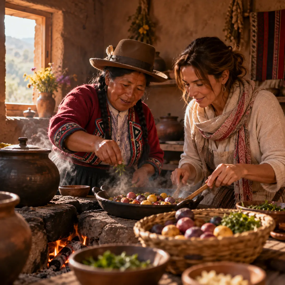 Encuentros con mujeres andinas en el Valle Sagrado Cocinera andina enseñando a una viajera a cocinar papas nativas en el Valle Sagrado