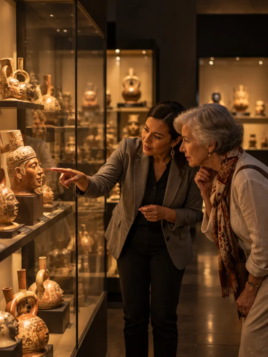 Perú Espléndido: visita privada a un museo en Lima Guía muestra a una viajera una vasija retrato precolombina en la sala vacía de un museo de Lima