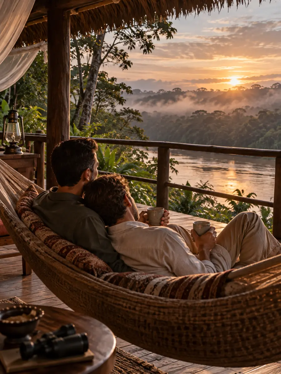 Romance Andino y Amazonía: viaje en pareja a la selva y Machu Picchu Pareja de hombres en la hamaca de la terraza de un lodge de lujo frente a un río de la Amazonía peruana al amanecer