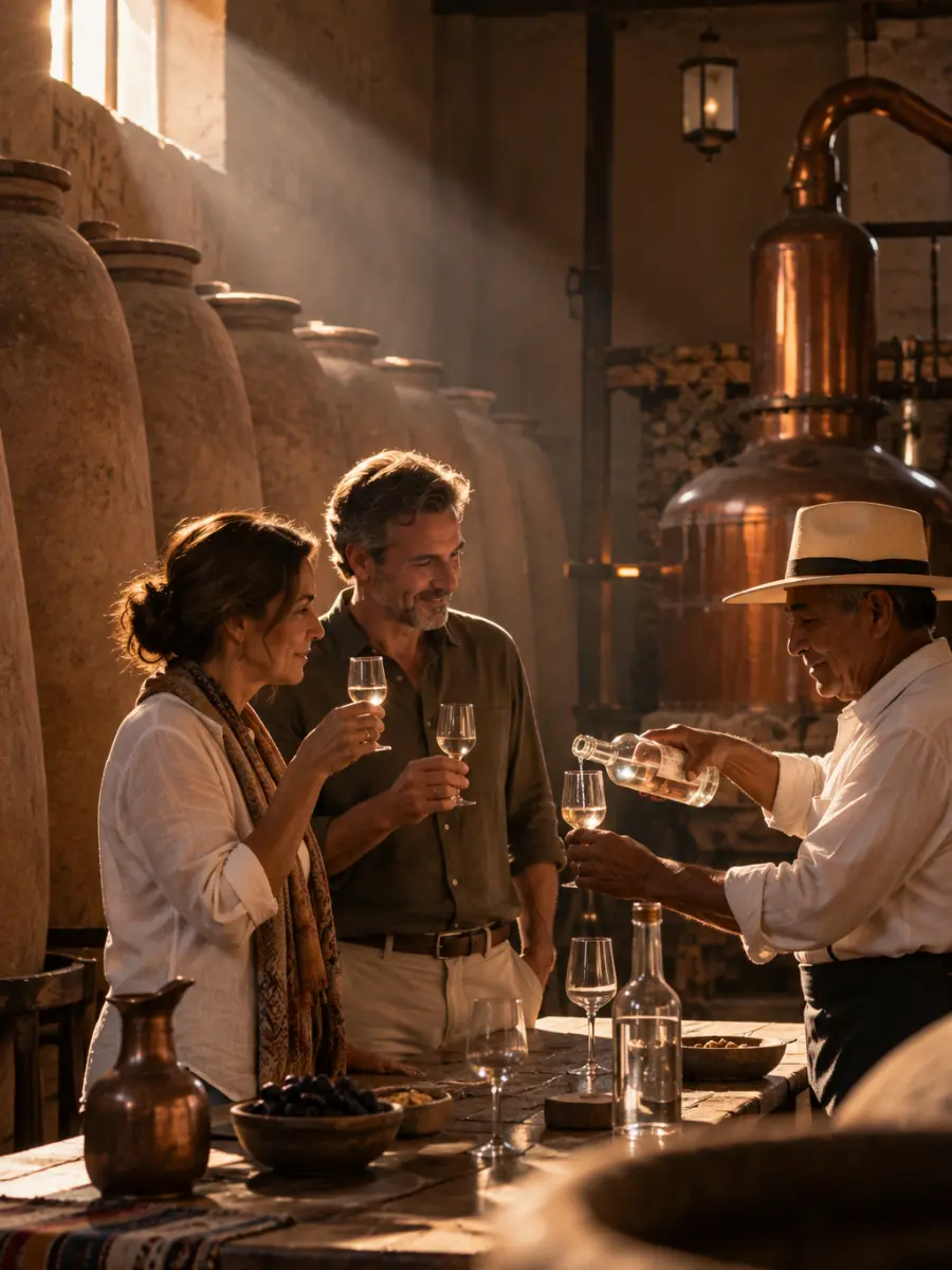Ruta del pisco en Ica: cata privada en una bodega Pareja de viajeros en una cata privada de pisco con el maestro destilador entre tinajas de barro en una bodega de Ica