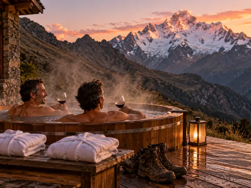 Lodge de montaña con jacuzzi frente al nevado Salkantay Pareja de hombres en el jacuzzi al aire libre de un lodge de montaña frente al Salkantay al atardecer