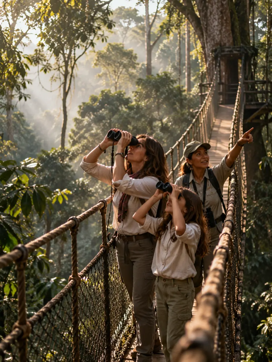 Maravillas entre Selva y Montañas: puente del dosel en Tambopata Madre e hija observan la selva con prismáticos desde un puente colgante en Tambopata, con su naturalista