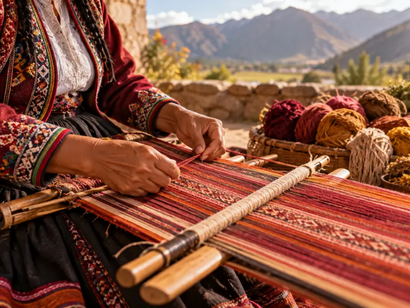 Viajes de cultura viva en Perú Manos de una tejedora andina trabajando en un telar con lanas de tintes naturales