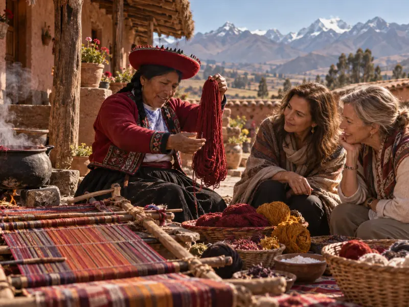 Chinchero: tejedora andina y tintes naturales Tejedora quechua de Chinchero muestra a dos viajeras una madeja de lana de alpaca teñida con cochinilla