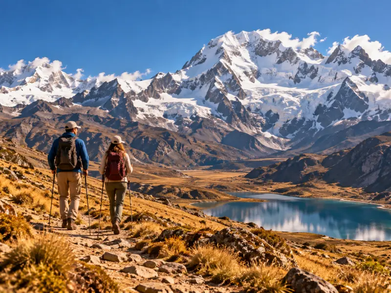 Aventura privada y trekking en Perú Dos caminantes en un sendero de alta montaña bajo el nevado Salkantay