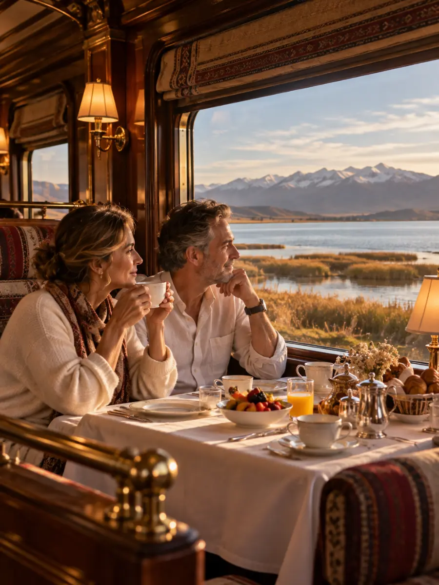Travesía Belmond: de Cusco al Titicaca y Arequipa en tren de lujo Pareja desayunando en la suite de un tren de lujo frente al Lago Titicaca al amanecer