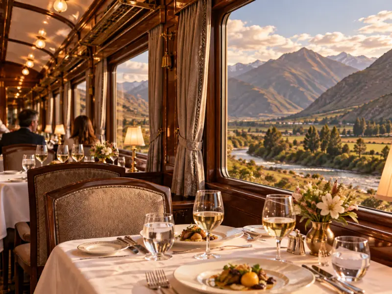 Viajes de lujo en Perú en tren Vagón comedor de un tren de lujo atravesando un valle de los Andes peruanos