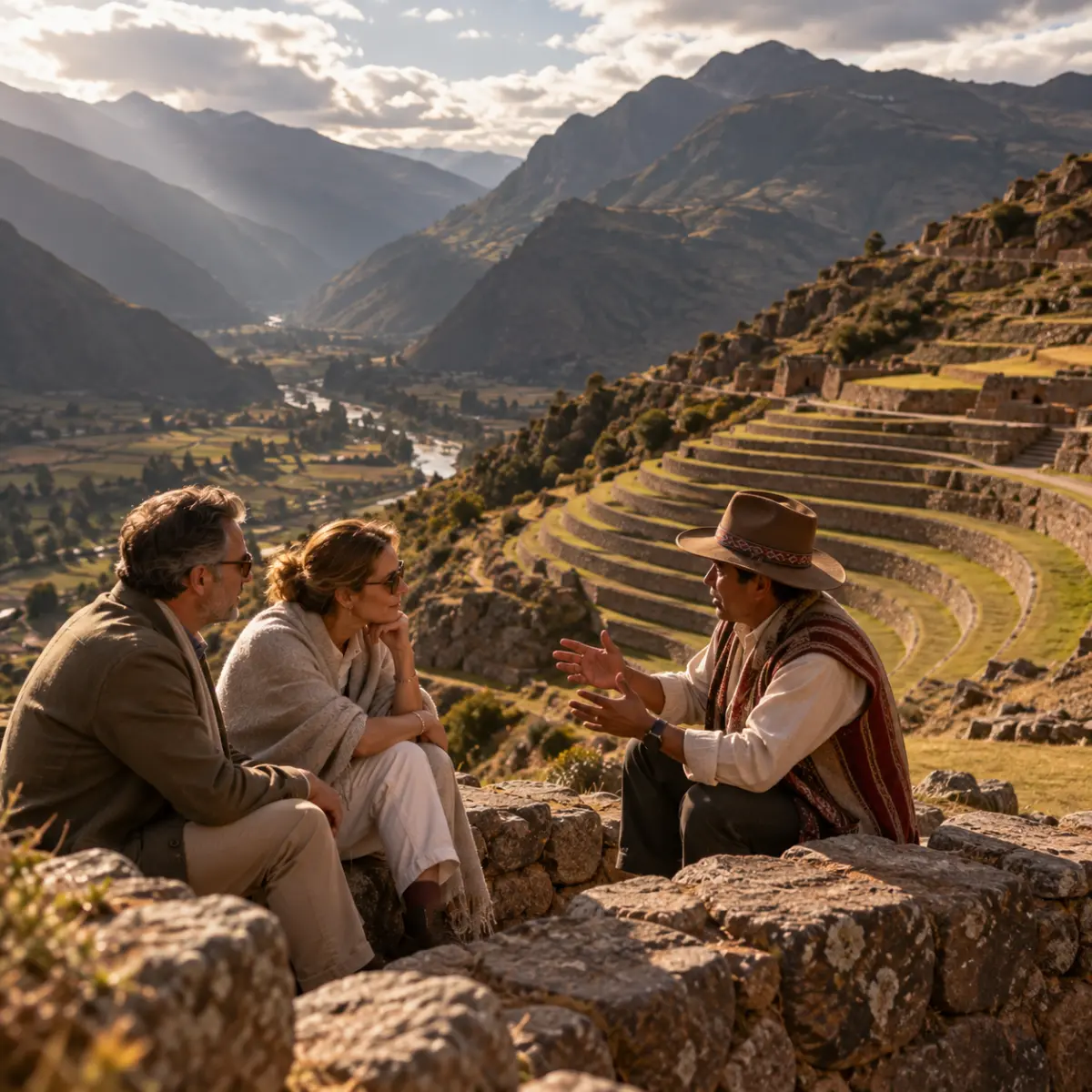 Valle Sagrado en privado, sin multitudes Pareja escuchando a su guía privado en los andenes incas de Pisac, sin otros visitantes