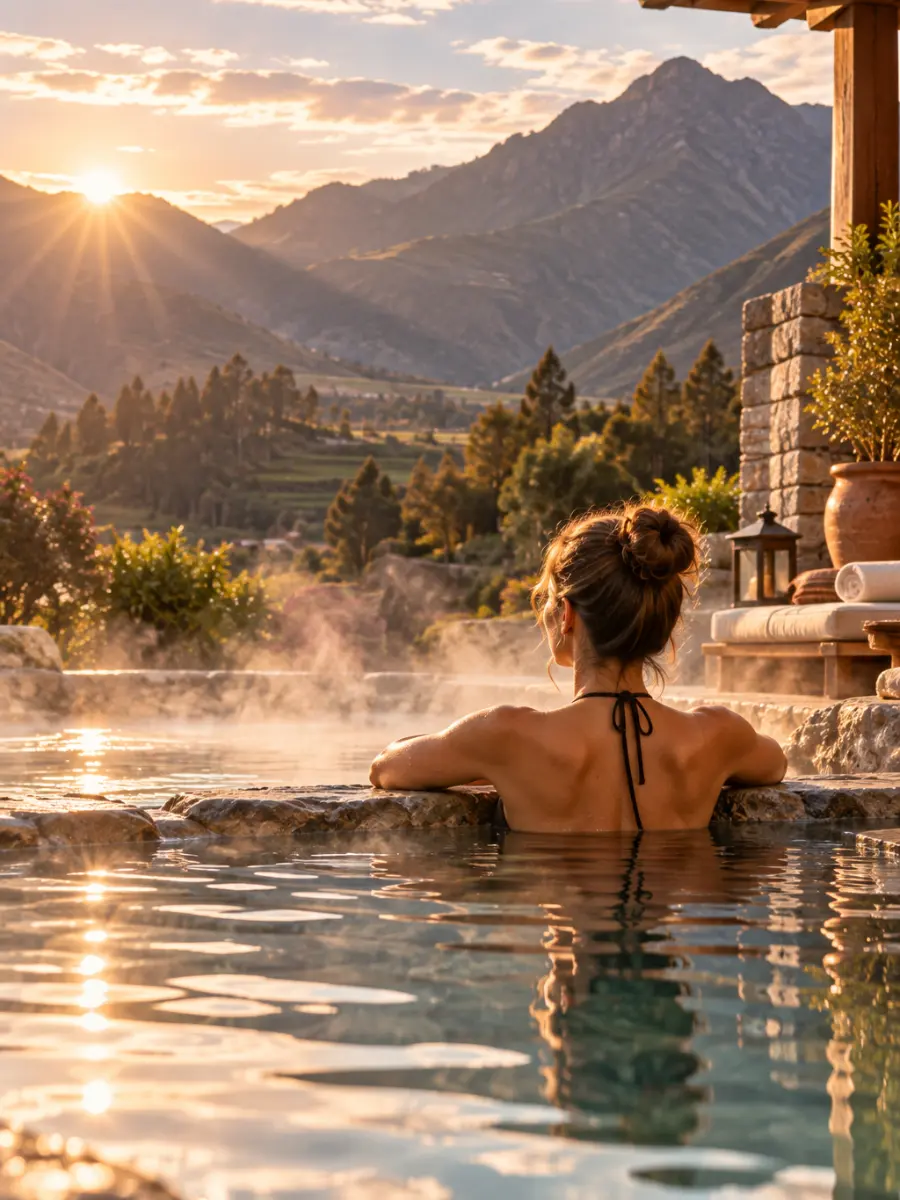 Pausa en los Andes: viaje de bienestar para mujeres en Perú Mujer relajándose en una piscina termal de un hotel de lujo en los Andes peruanos